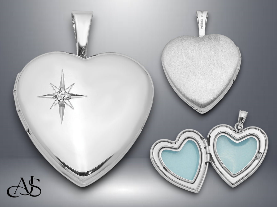 Sterling Silver Polished Diamond Star 16mm Heart Locket | Build Your Locket Necklace with Engraving, Photo insertions, and Chain Options
