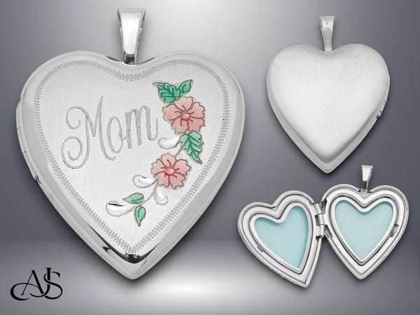 Sterling Silver Rhodium-plated 24mm / 20mm Enameled Floral Mom Heart Locket | Build Your Locket Necklace with Engraving, Photo insertions, and Chain Options
