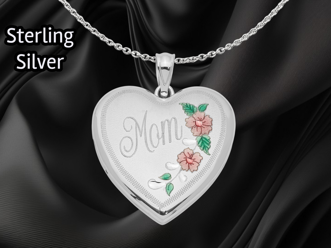 Sterling Silver Rhodium-plated 24mm / 20mm Enameled Floral Mom Heart Locket | Build Your Locket Necklace with Engraving, Photo insertions, and Chain Options