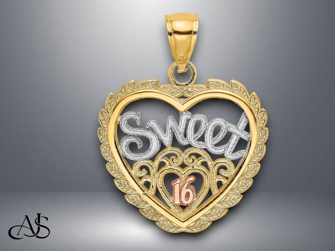 14K Two-tone Gold White Rhodium SWEET 16 In Heart Charm with Necklace Chain Options