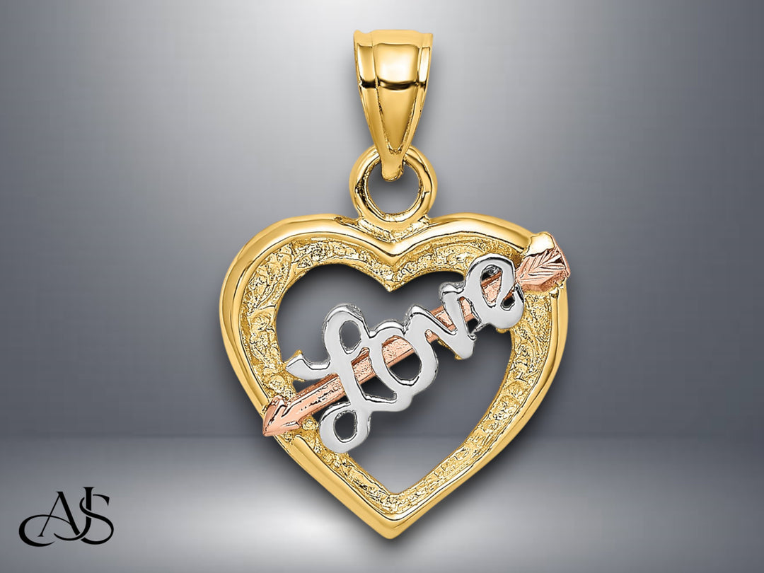 14K Yellow and Rose Gold White Rhodium LOVE Heart-Arrow Charm with Necklace Chain Options