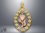 Load image into Gallery viewer, 14K Two-Tone Gold Textured Oval Frame Dangling Rose Charm with Necklace Chain Options

