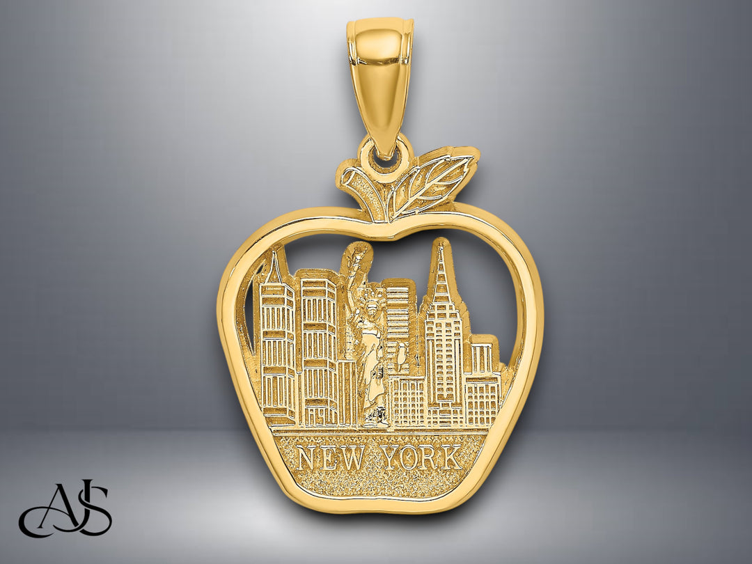 14K Yellow Gold NEW YORK City Skyline in Apple Pendant with Necklace Chain Options