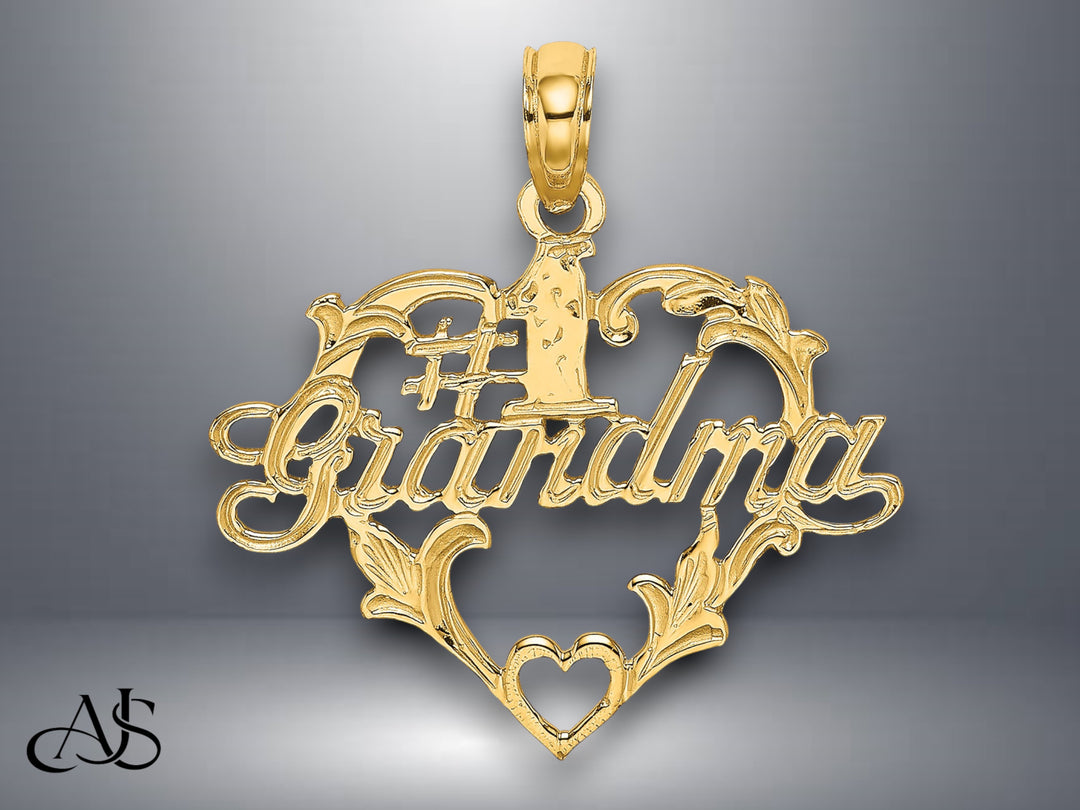 14K Yellow Gold #1 Script GRANDMA In Heart Charm with Necklace Chain Options