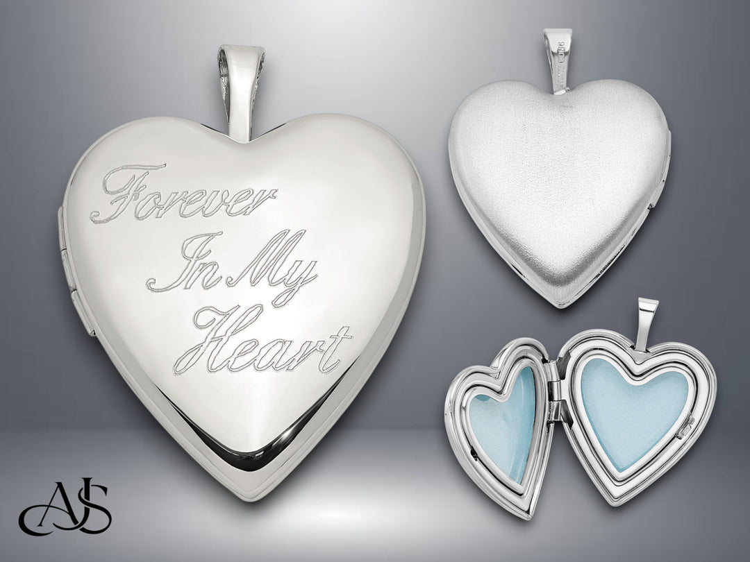 Sterling silver Rhodium-plated 20mm 'Forever in my heart' Heart Locket| Build Your Locket Necklace with Engraving, Photo insertions, and Chain Options