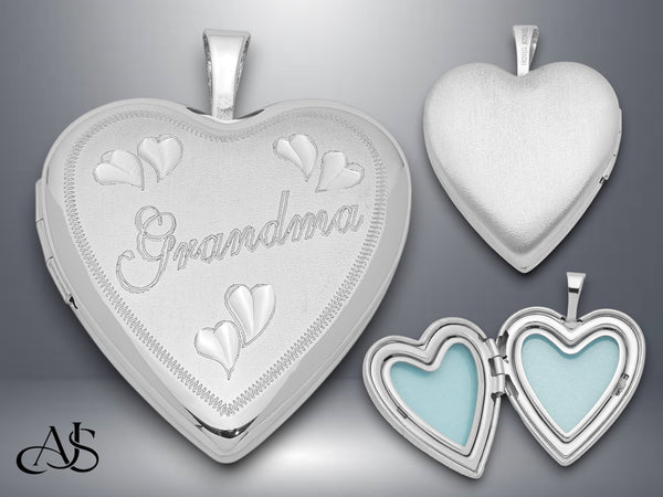 Sterling Silver Rhodium-plated 20mm D/C Grandma Heart Locket | Build Your Locket Necklace with Engraving, Photo insertions, and Chain Options