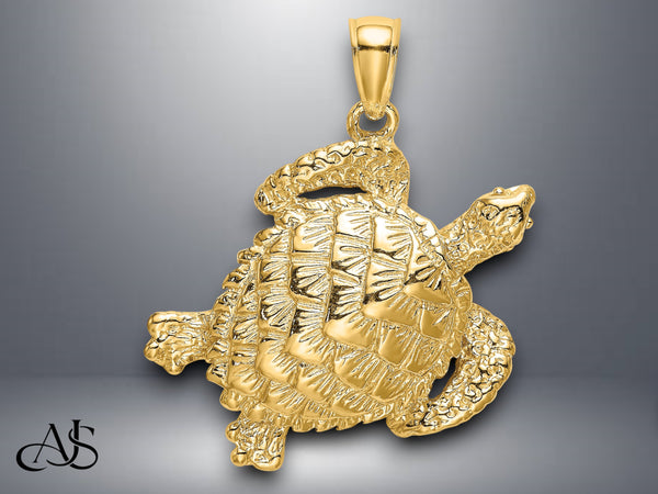 14K Yellow White Gold Polished Textured Sea Turtle Charm with Necklace Chain Options