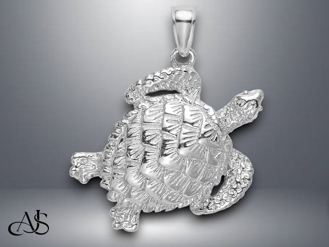 14K Yellow White Gold Polished Textured Sea Turtle Charm with Necklace Chain Options