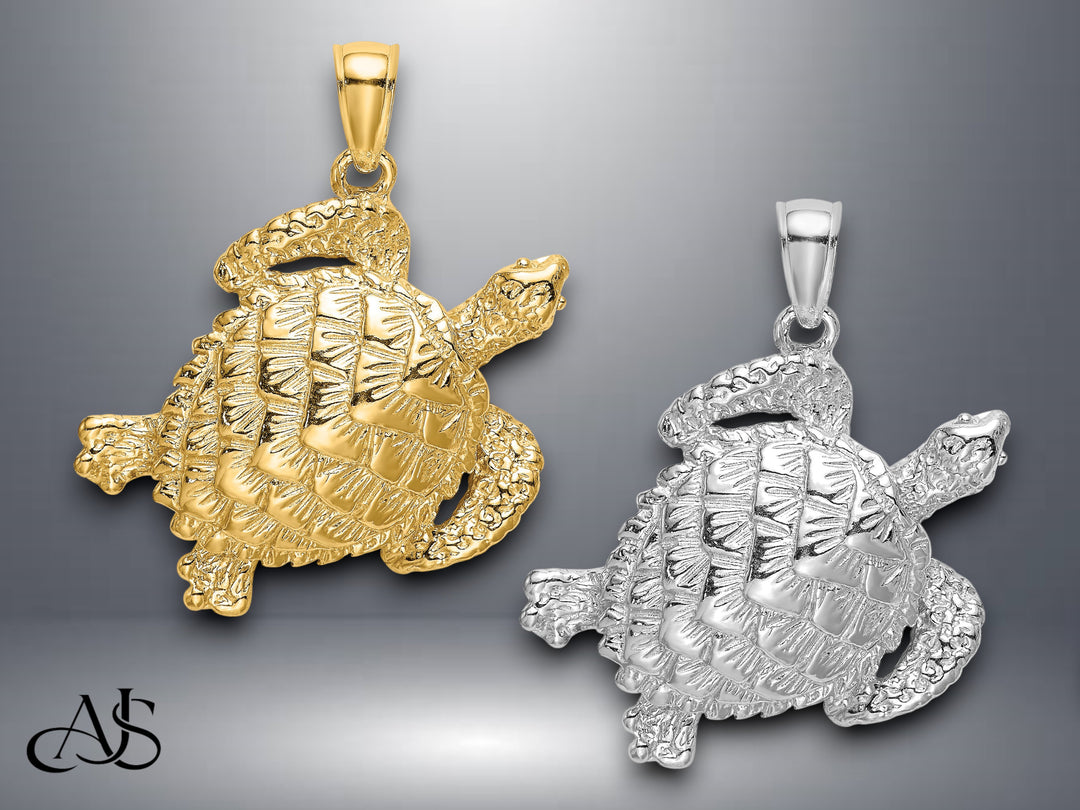 14K Yellow White Gold Polished Textured Sea Turtle Charm with Necklace Chain Options
