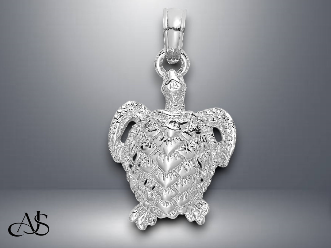 14K Yellow White Gold Textured Sea Turtle Charm with Necklace Chain Options