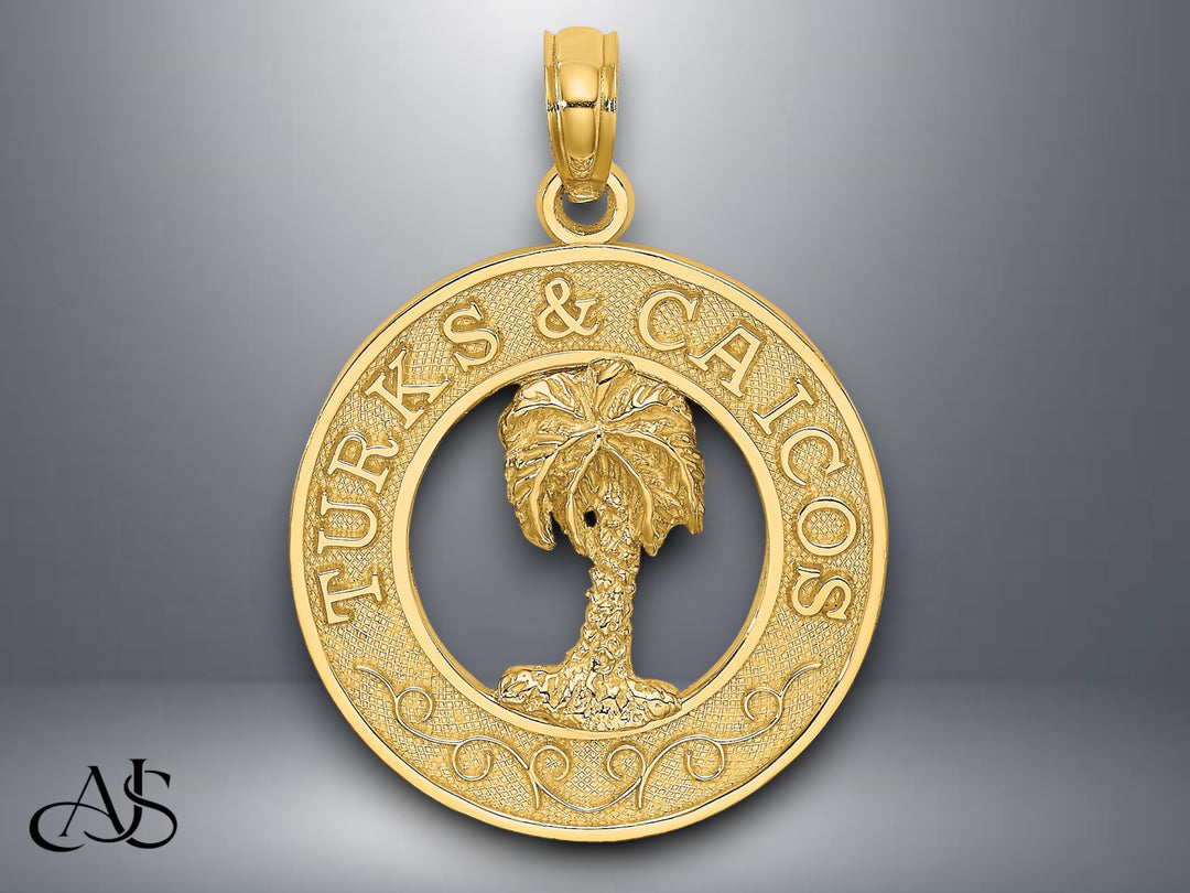14K Yellow Gold TURKS AND CAICOS w/ Palm Tree Circle Charm with Necklace Chain Options