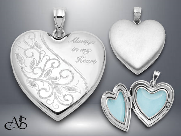 Sterling Silver Filigree Always In My Heart 24mm Heart Locket | Build Your Locket Necklace with Engraving, Photo insertions, and Chain Options