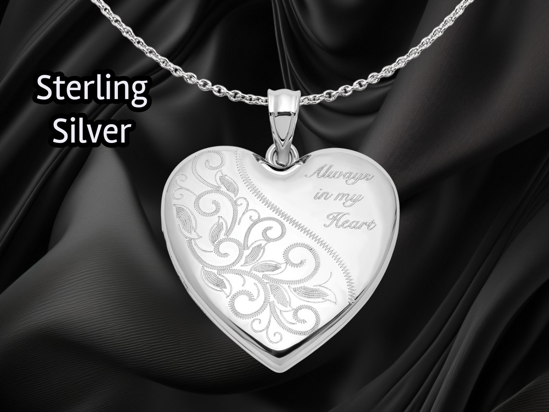 Sterling Silver Filigree Always In My Heart 24mm Heart Locket | Build Your Locket Necklace with Engraving, Photo insertions, and Chain Options