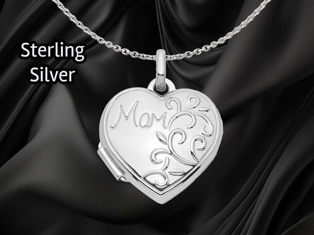 Sterling Silver Mom 15mm Heart Locket | Build Your Locket Necklace with Engraving, Photo insertions, and Chain Options