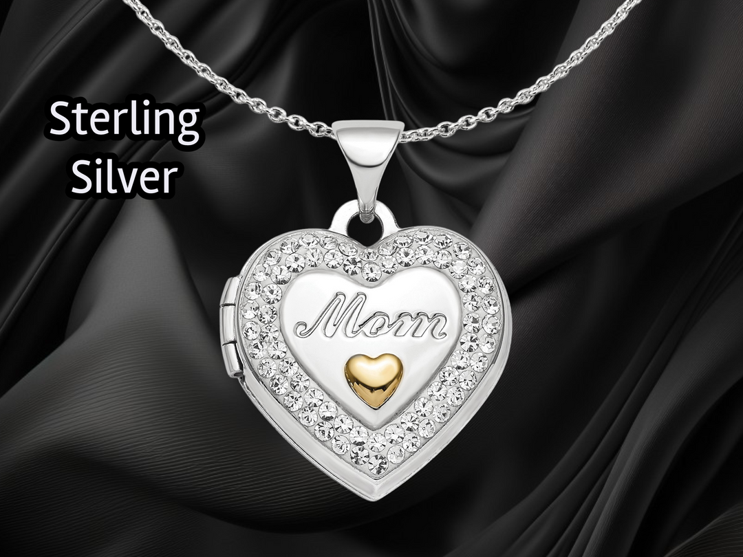 Sterling Silver Preciosa Crystal Mom Heart Locket | Build Your Locket Necklace with Engraving, Photo insertions, and Chain Options