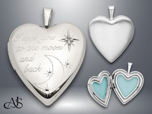 Sterling Silver 20mm 'Love to the moon' Diamond Heart Locket| Build Your Locket Necklace with Engraving, Photo insertions, and Chain Options