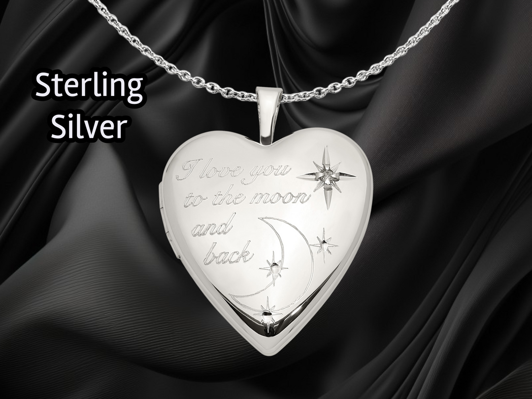 Sterling Silver 20mm 'Love to the moon' Diamond Heart Locket| Build Your Locket Necklace with Engraving, Photo insertions, and Chain Options