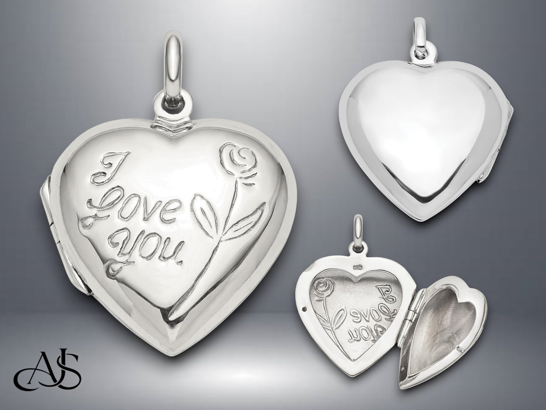 Sterling Silver I Love You Rose Heart Locket | Build Your Locket Necklace with Engraving, Photo insertions, and Chain Options