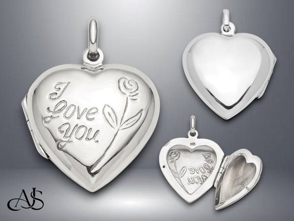 Sterling Silver I Love You Rose Heart Locket | Build Your Locket Necklace with Engraving, Photo insertions, and Chain Options