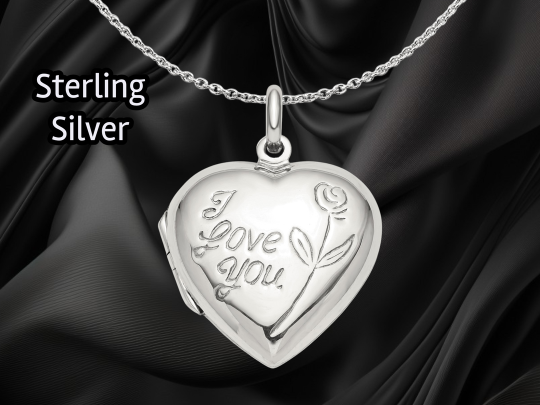 Sterling Silver I Love You Rose Heart Locket | Build Your Locket Necklace with Engraving, Photo insertions, and Chain Options