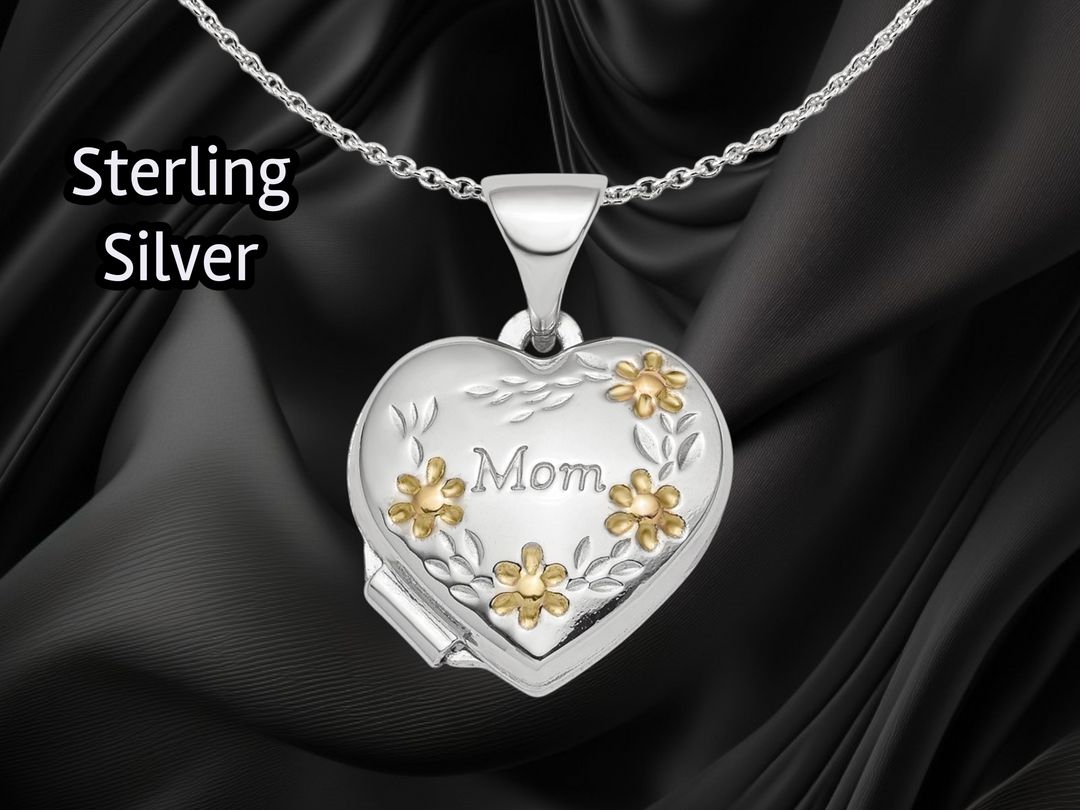 Sterling Silver Floral Mom Heart Locket | Build Your Locket Necklace with Engraving, Photo insertions, and Chain Options