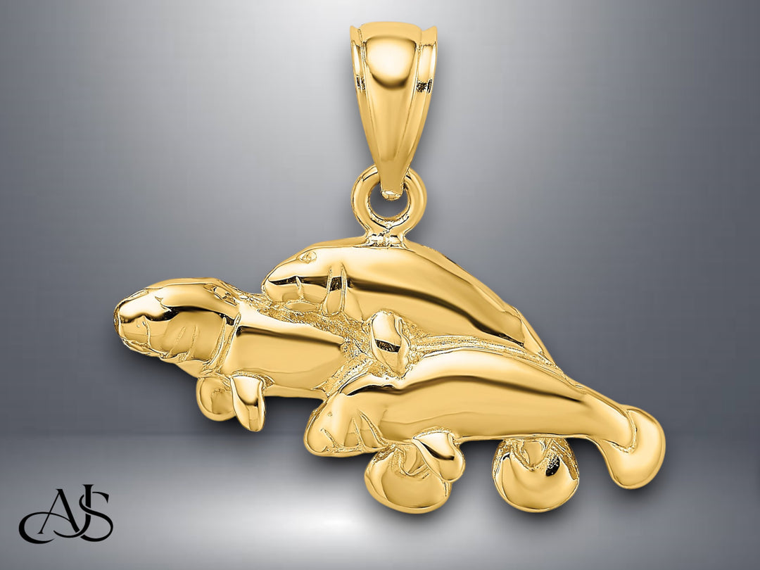 14K Yellow Gold Polished Triple Manatee Charm with Necklace Chain Options