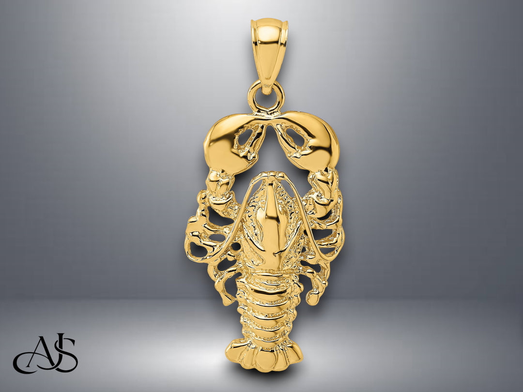 14K Yellow Gold Textured Maine Lobster Charm with Necklace Chain Options