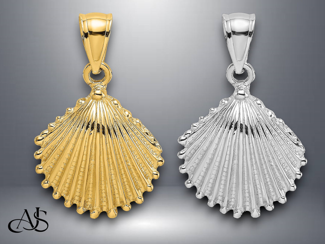 14K Yellow White Gold Textured Scallop Shell Charm with Necklace Chain Options