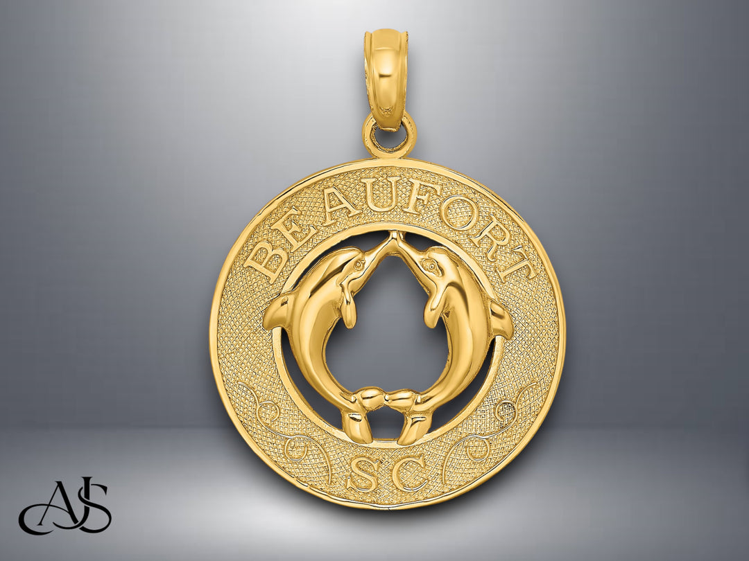 14K Yellow Gold BEAUFORT SC Dolphins Circle Charm with Necklace Chain Options