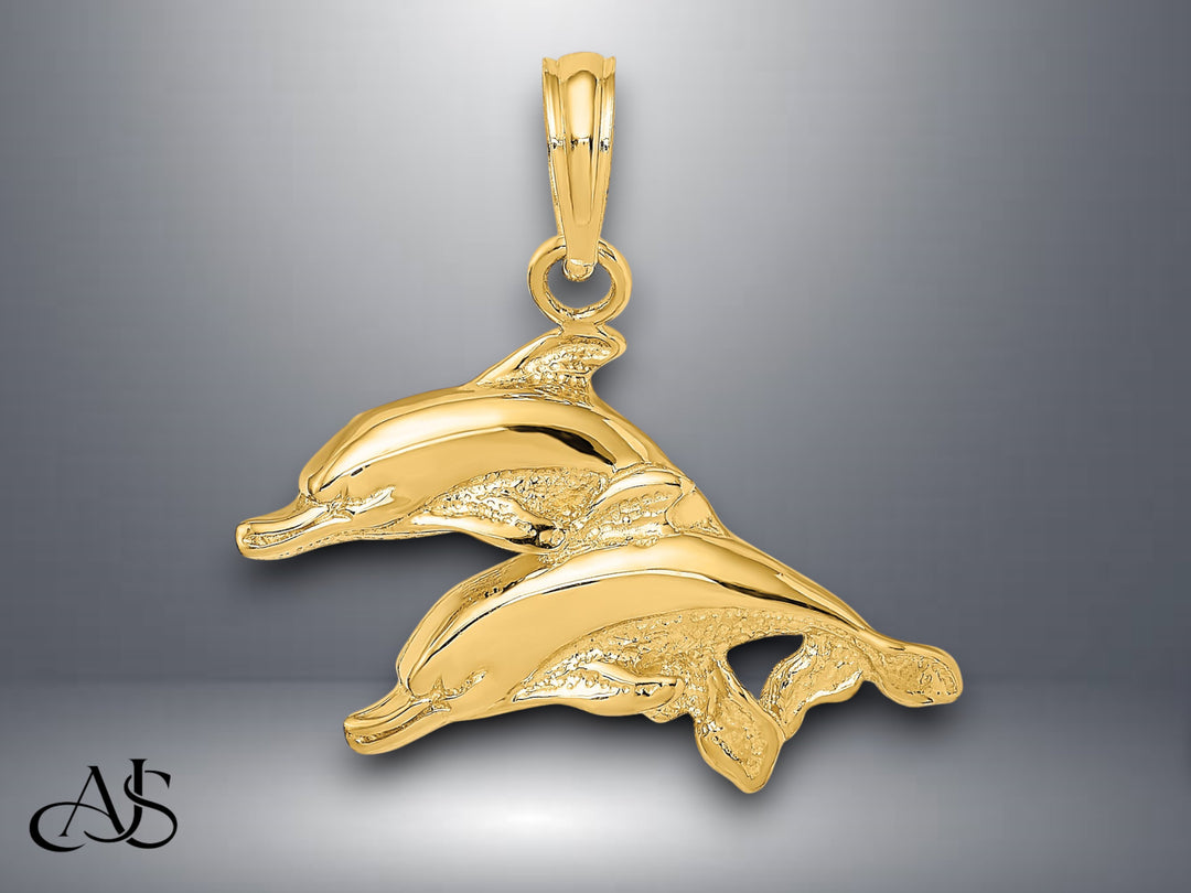 14K Yellow Gold Polished Engraved Dolphins Charm with Necklace Chain Options