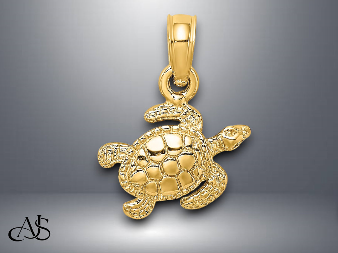 14K Yellow Gold Polished Textured Sea Turtle Charm with Necklace Chain Options