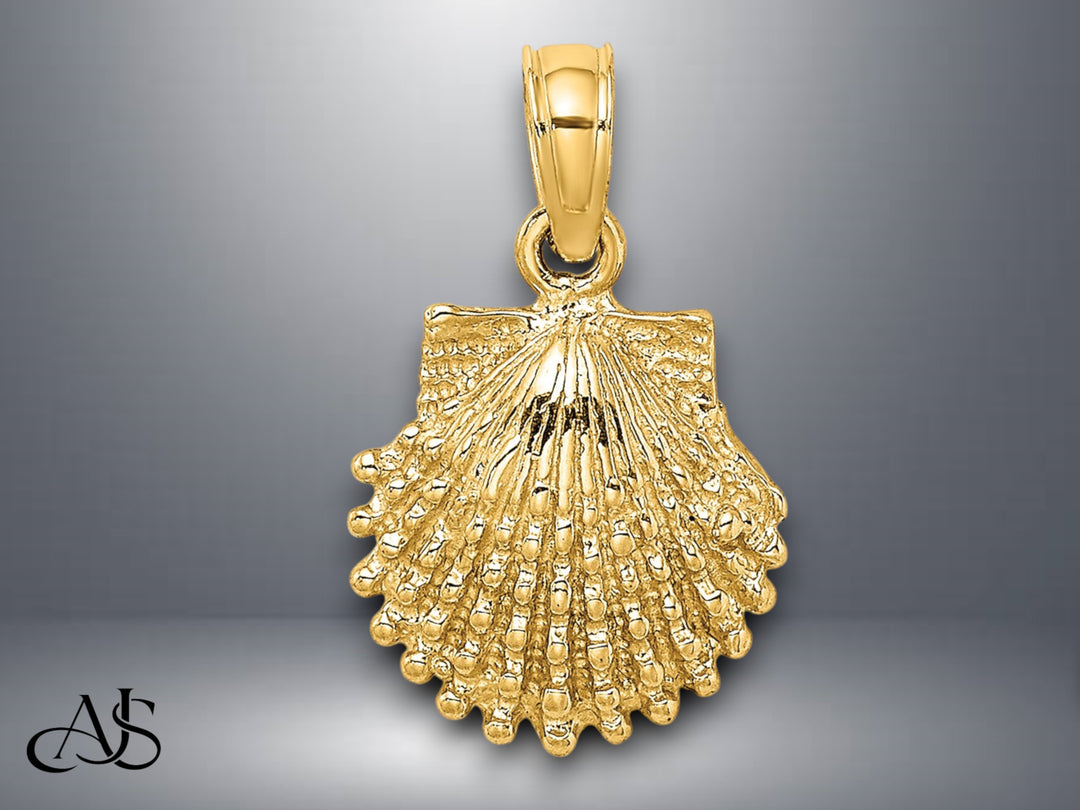 14K Yellow Gold Polished Textured Scallop Shell Charm with Necklace Chain Options