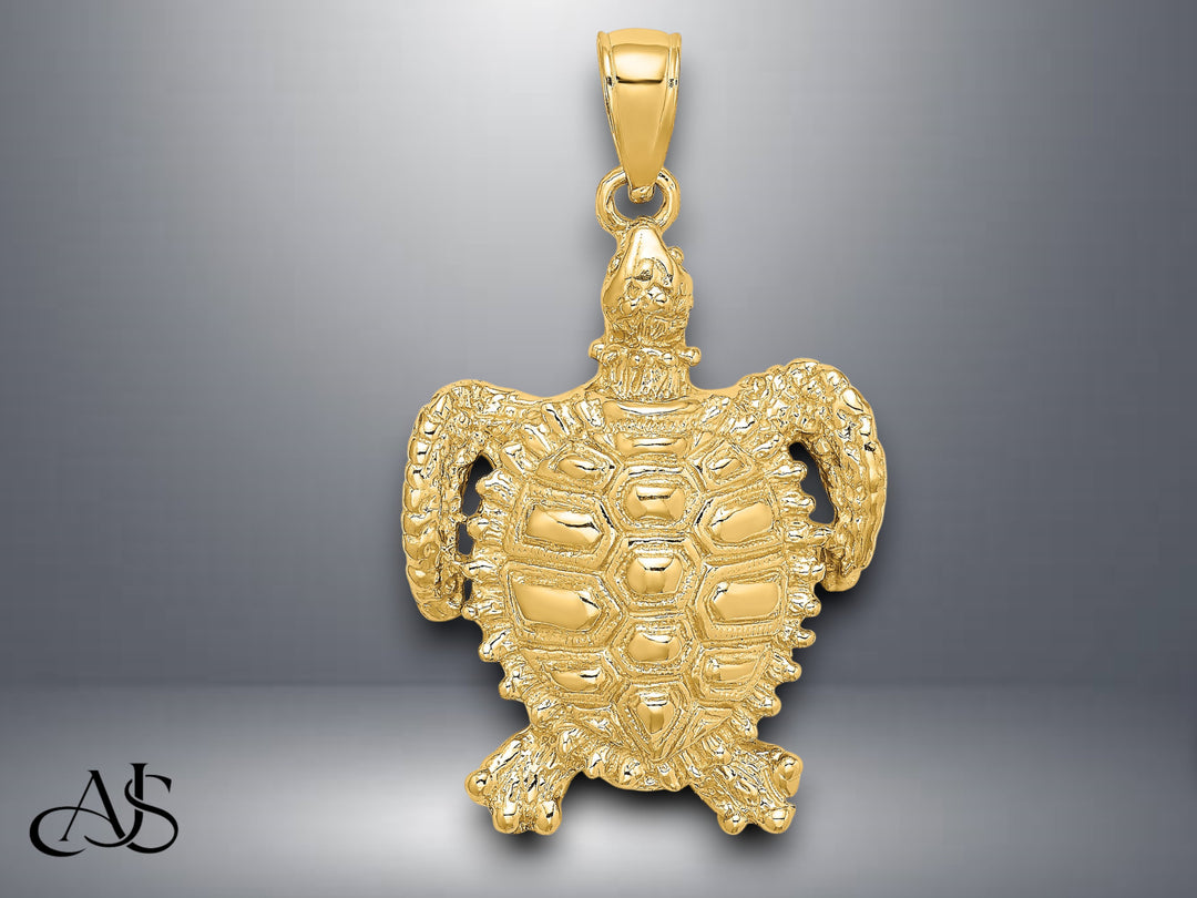14K Yellow Gold Sea Turtle with Spiny Shell Charm with Necklace Chain Options