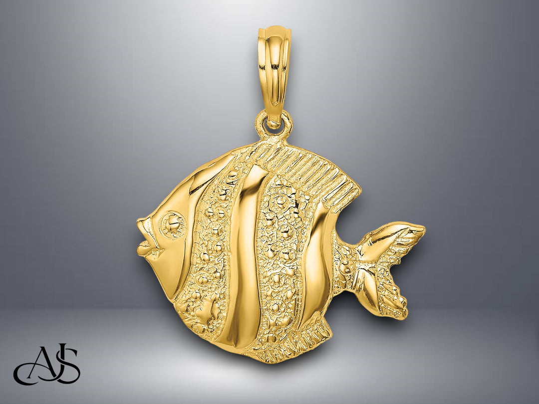 14K Yellow Gold Polished Engraved Fish Charm with Necklace Chain Options