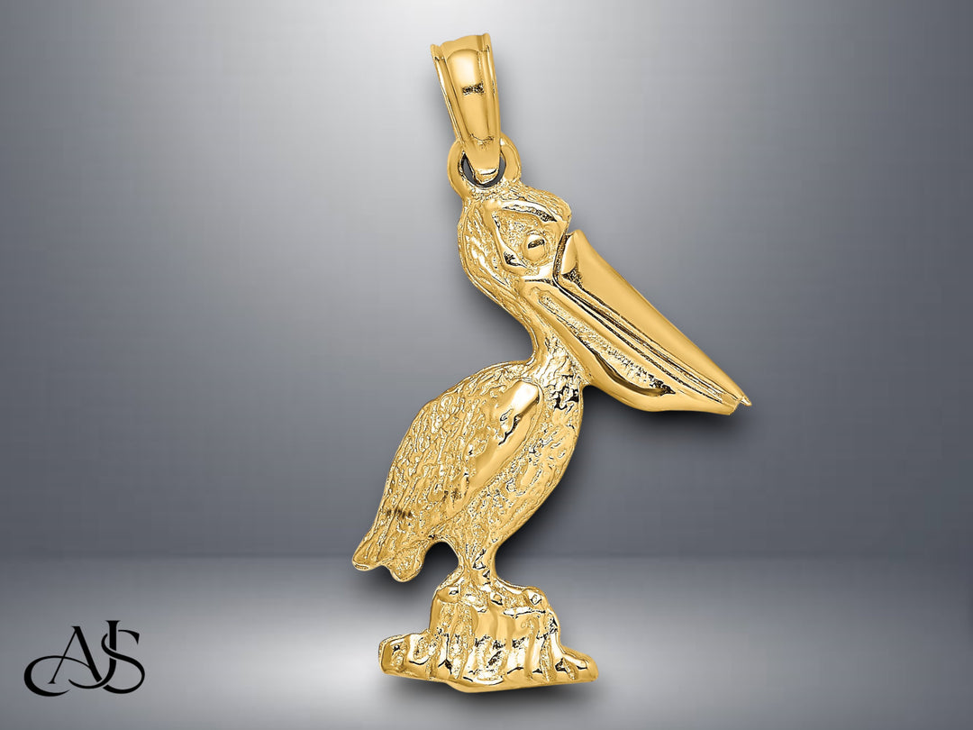 14K Yellow Gold 3-D Standing Pelican with Moveable Mouth Charm with Necklace Chain Options
