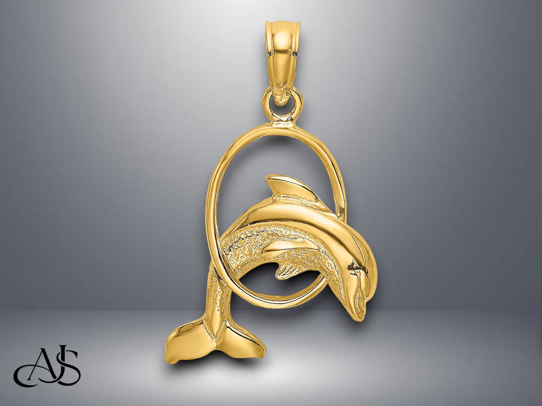 14K Yellow Gold Polished Dolphin Jumping Through Hoop Charm with Necklace Chain Options