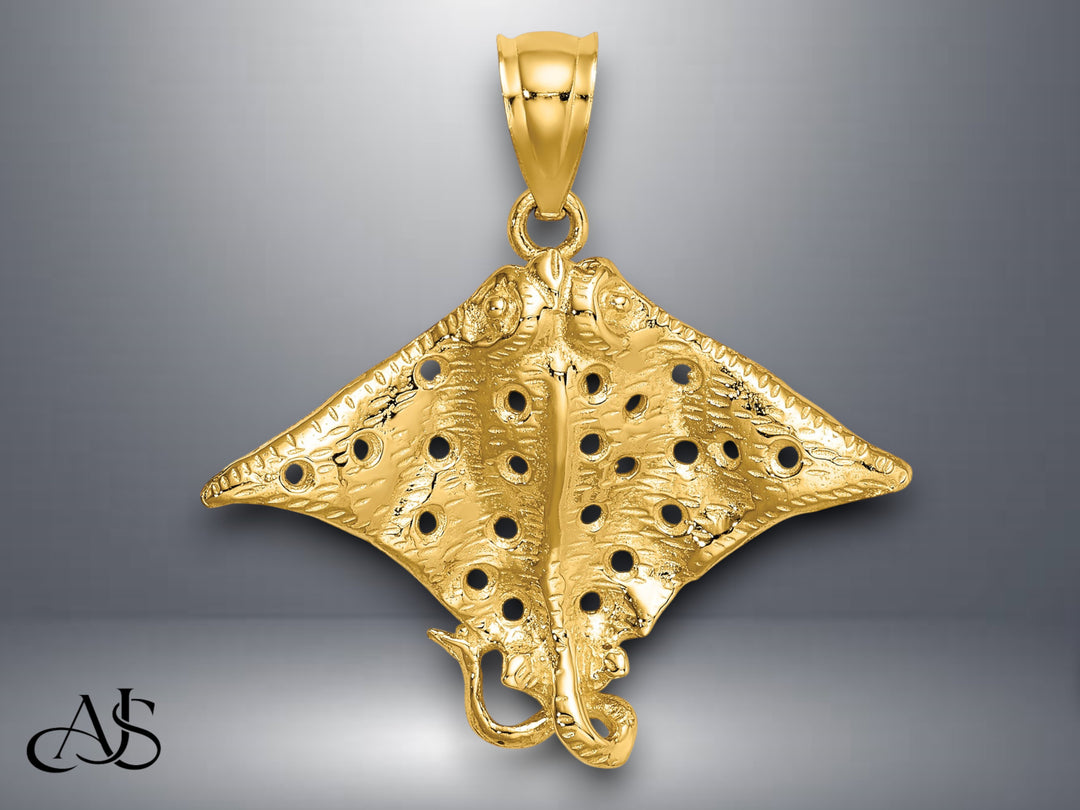 14K Yellow Gold Spotted Eagle Ray with Holes Charm with Necklace Chain Options