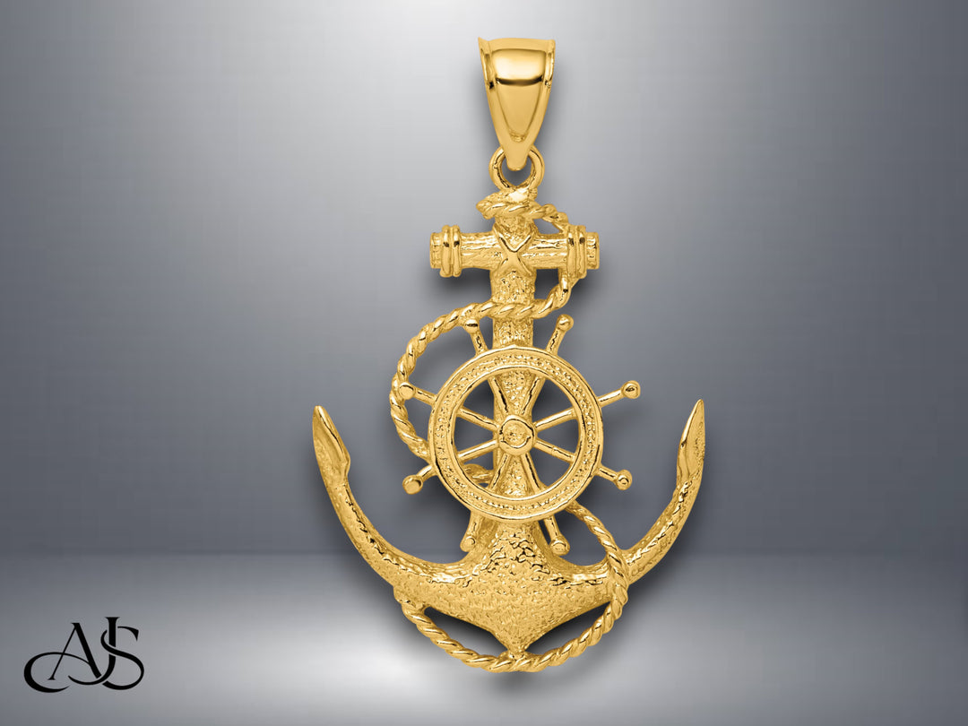 14K Yellow Gold 2-D Anchor and Wheel Charm with Necklace Chain Options