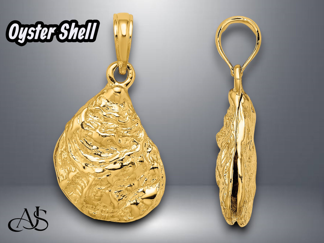 14K Yellow Gold 3-D Textured Oyster Shell Charm with Necklace Chain Options