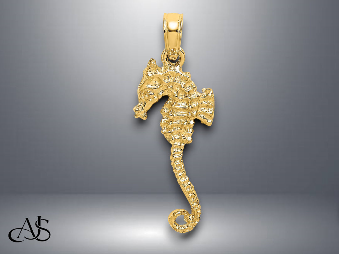 14K Yellow Gold 3-D Textured Seahorse with Tail Charm with Necklace Chain Options