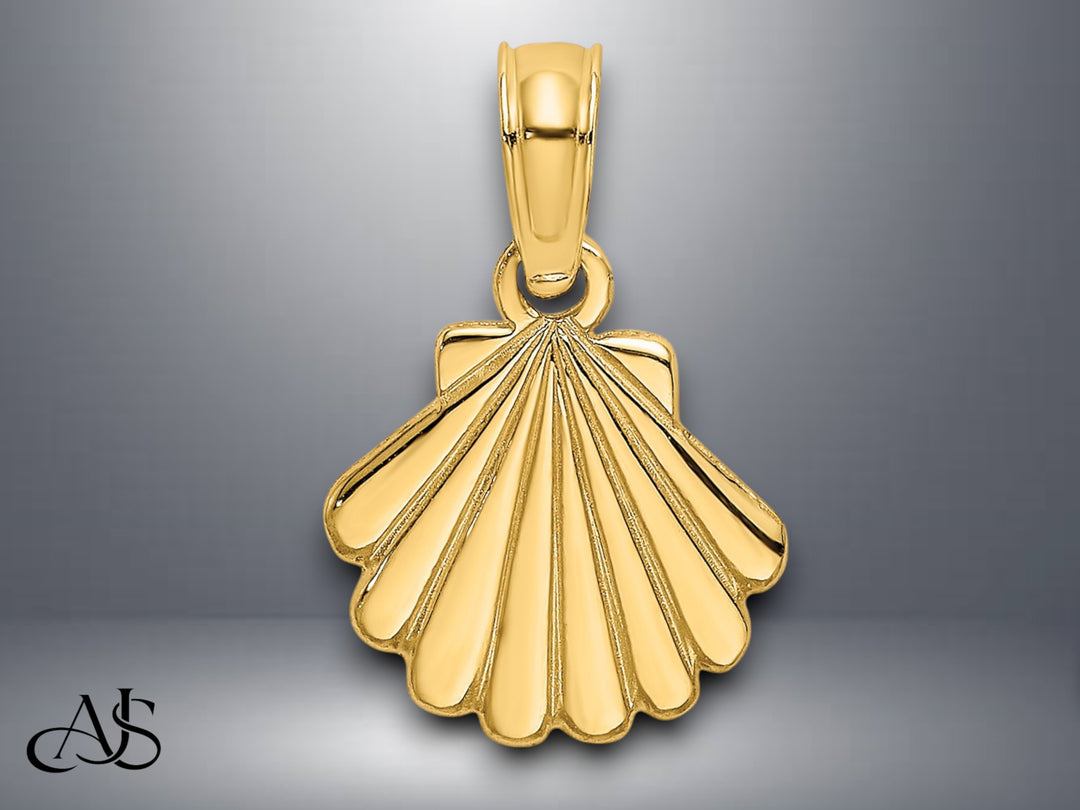 14K Yellow Gold Polished and Engraved Shell Charm with Necklace Chain Options