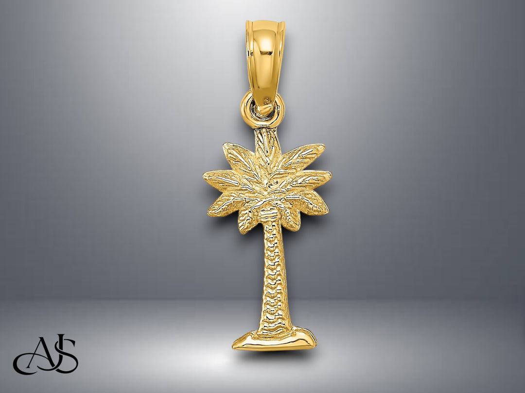 14K Yellow Gold 2-D Textured Mini Palmetto Palm Tree Charm with Necklace Chain Options