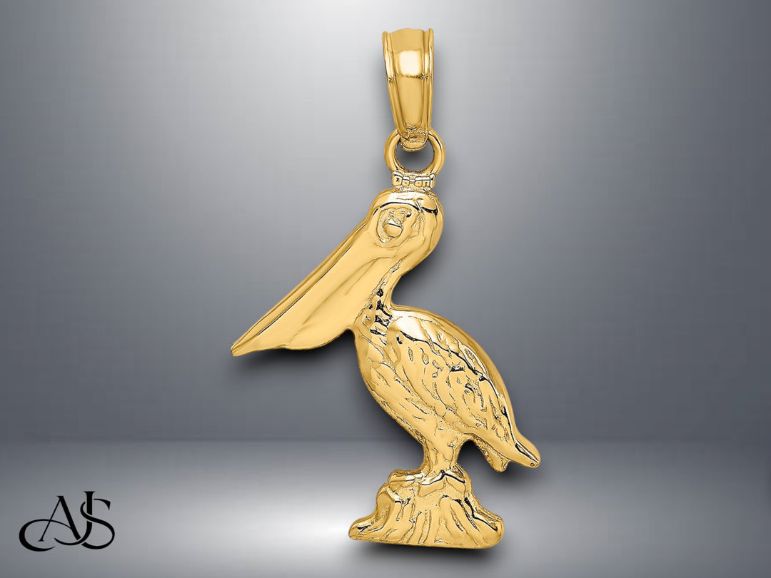 14K Yellow Gold 3-D Pelican Standing Charm with Necklace Chain Options