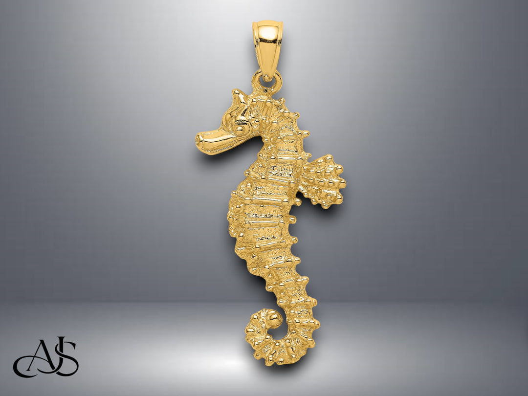 14K Yellow Gold Textured Seahorse Charm with Necklace Chain Options