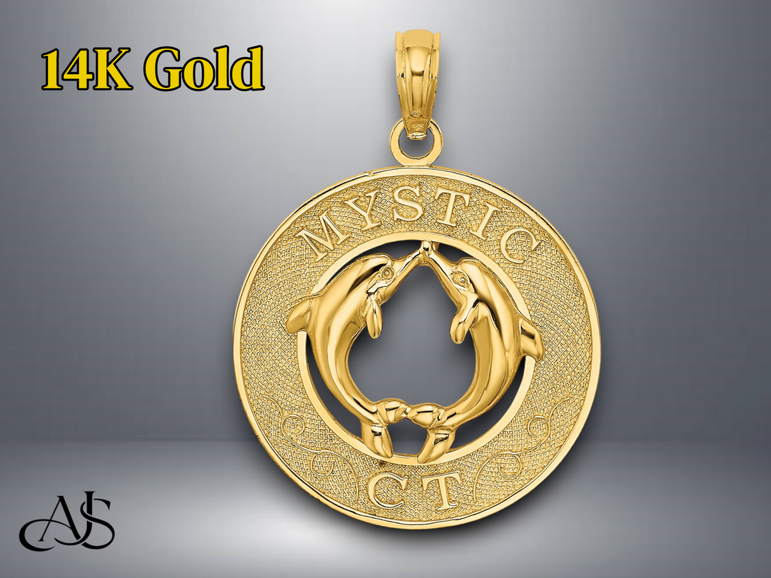 14K Yellow Gold MYSTIC CT Dolphins Charm with Necklace Chain Options