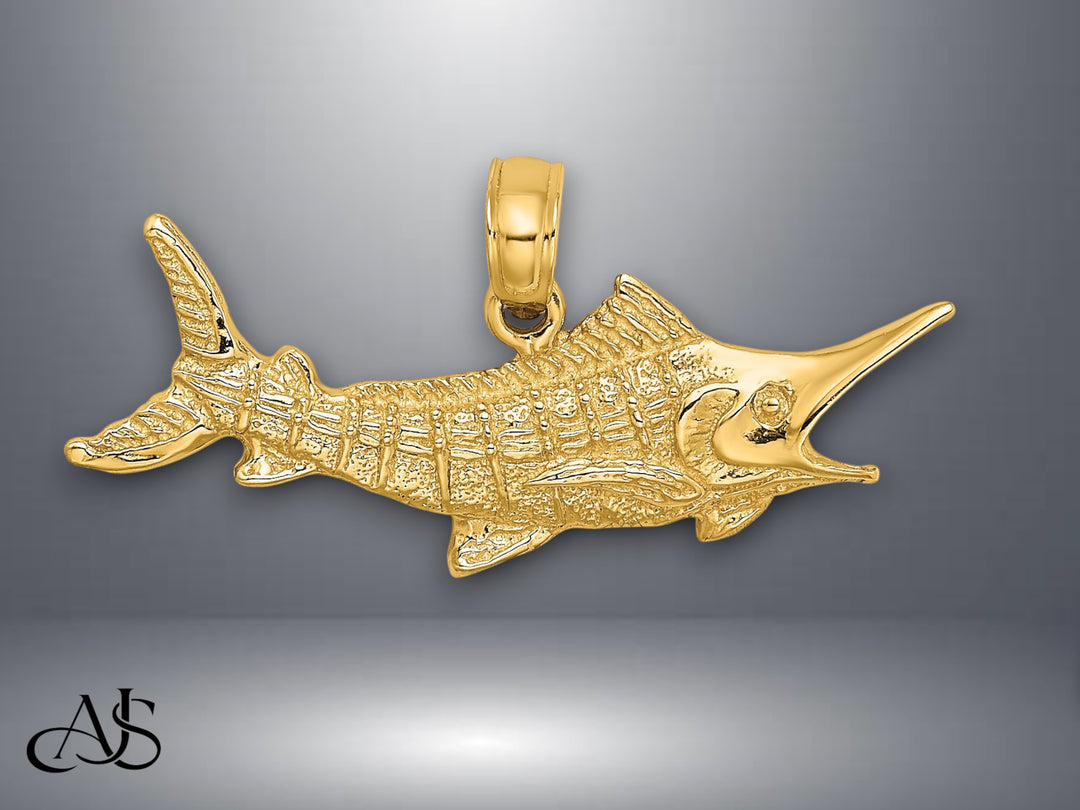 14K Yellow Gold Textured 2-D Marlin Fish Charm with Necklace Chain Options