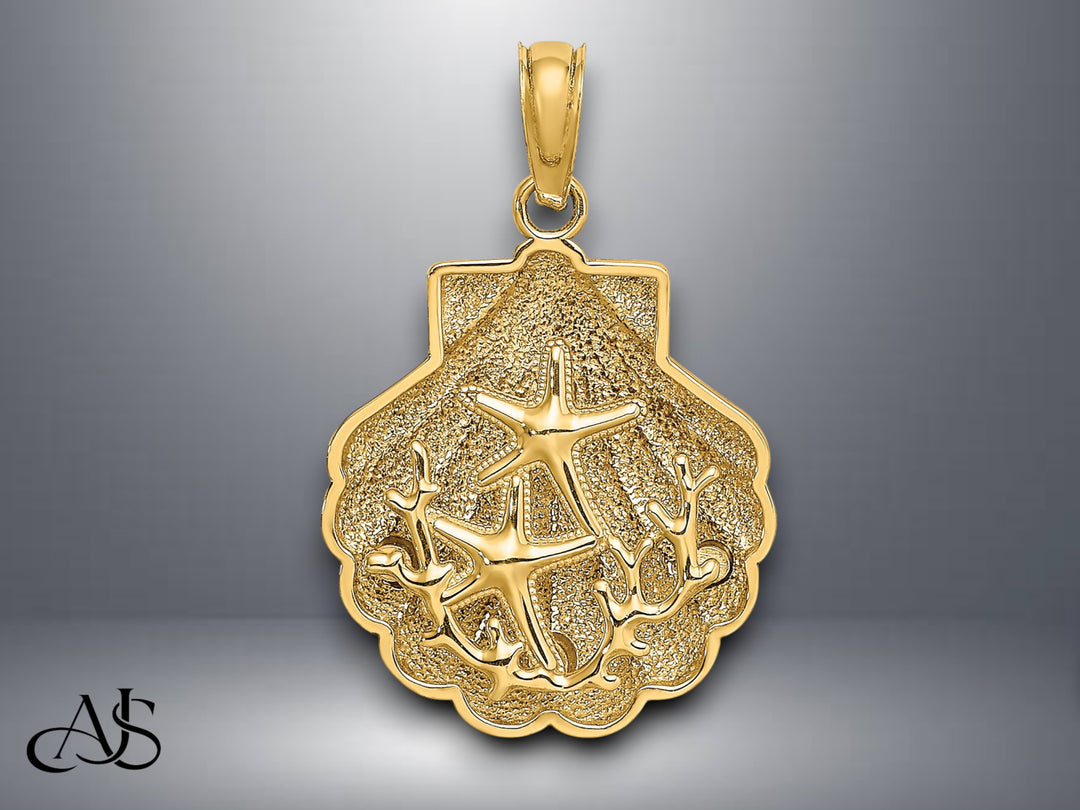 14K Yellow Gold Reversible Starfish and Coral in Shell Charm with Necklace Chain Options