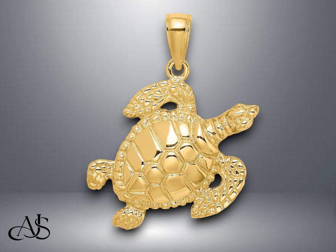 14K Yellow Gold Textured Sea Turtle Charm with Necklace Chain Options