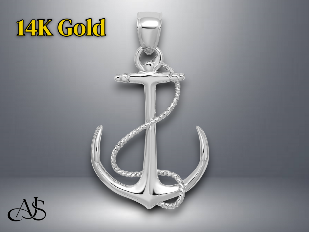 14K Yellow White Gold 3-D Polished and Textured Anchor Rope Charm with Necklace Chain Options