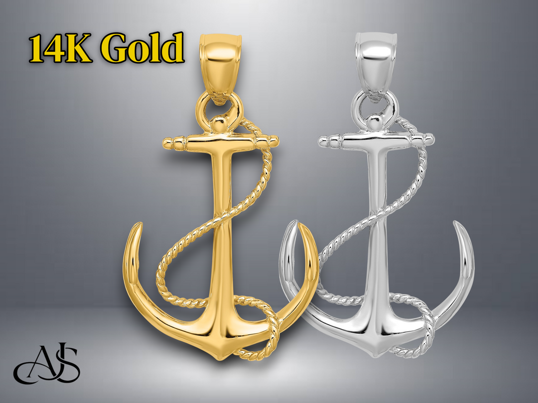 14K Yellow White Gold 3-D Polished and Textured Anchor Rope Charm with Necklace Chain Options
